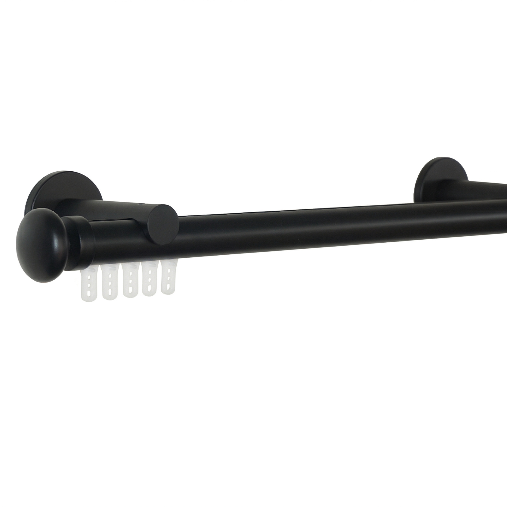 Black curtain rod with decorative finials on a white background