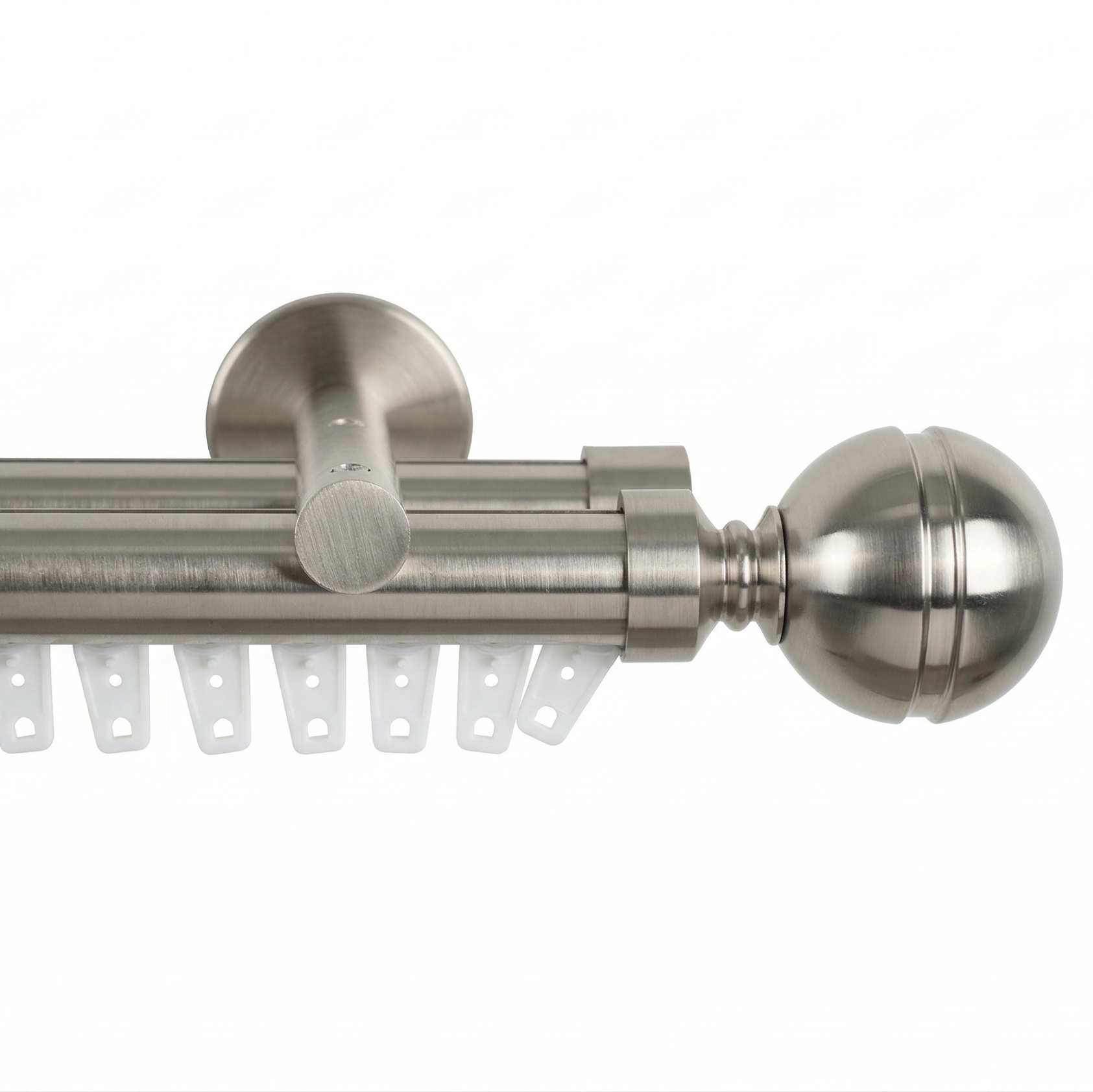 Curtain rod with spherical finials on a white background